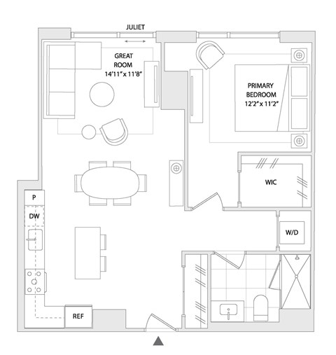 Floor plan for 1 bed, 1 bath, 800 sqft